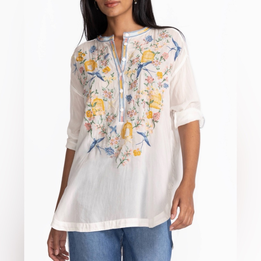Johnny Was Zinnia Embroidered Birds Tunic Top Size Small (oversized) NWT